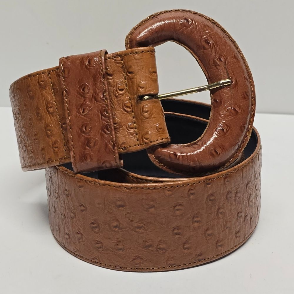 Jaeger Waist Belt Ostrich Leather Cognac Brown Wide Statement Vintage